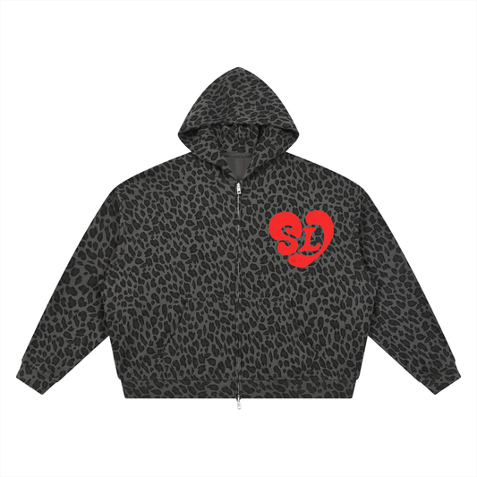 Unisex Leopard Print Waffle Full Zip Hoodie